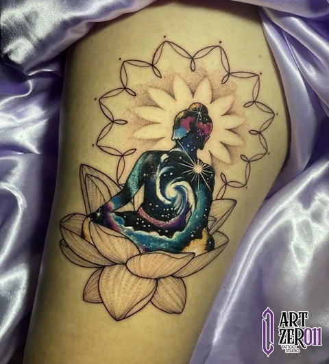 Silhueta de Buda meditando, preenchida com uma galáxia, sobre flor de lótus e mandala