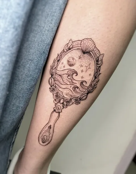 Espelho de mão com moldura de conchas e, por dentro, ondas, lua e estrelas, em traço preto na perna