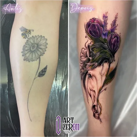 Antes e depois: margarida com abelha em traço fino, coberta por uma cabeça de cavalo com flores roxas