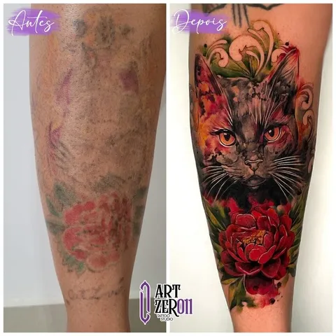 Antes e depois: flores antigas e desbotadas na perna, cobertas por um gato e rosas vermelhas coloridas