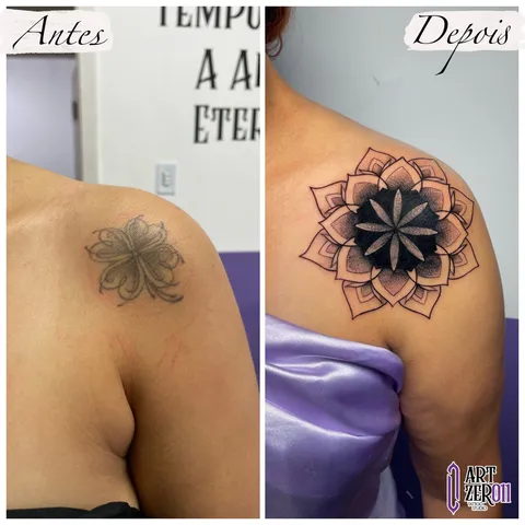 Antes e depois: flor pequena e apagada no ombro, coberta por uma mandala preta