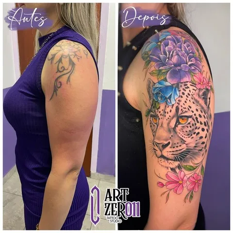 Antes e depois: ramo antigo no ombro, coberto por uma onça com flores roxas, azuis e rosa