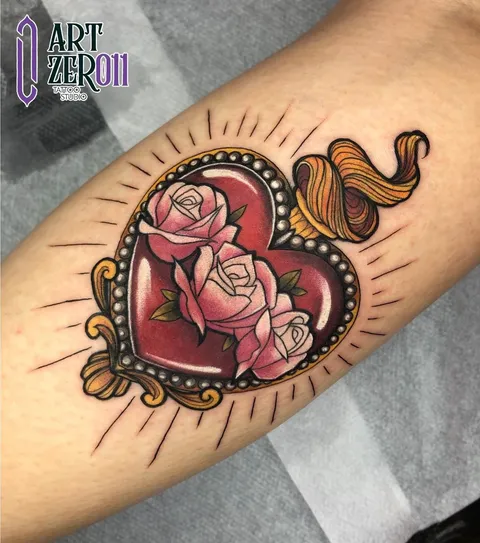 Coração vermelho com rosas cor-de-rosa, moldura dourada de pérolas e raios em volta, colorido