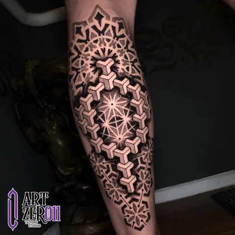 Padrão de cubos em 3D e mandalas em pontilhismo, na perna