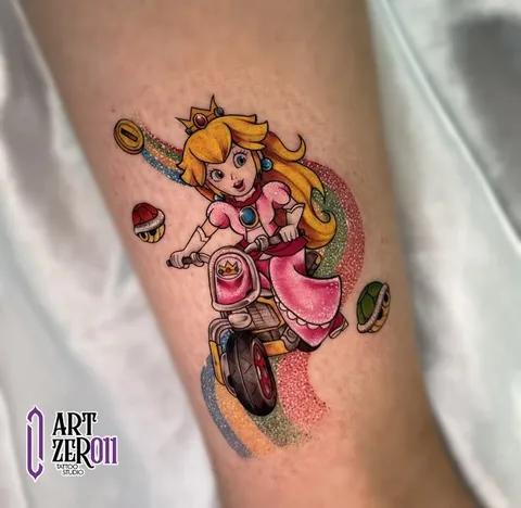 Princesa de vestido rosa pilotando uma moto, com rastro de brilho nas cores do arco-íris