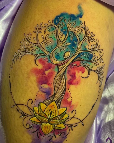 Árvore da vida em aquarela colorida, com flor de lótus amarela na base
