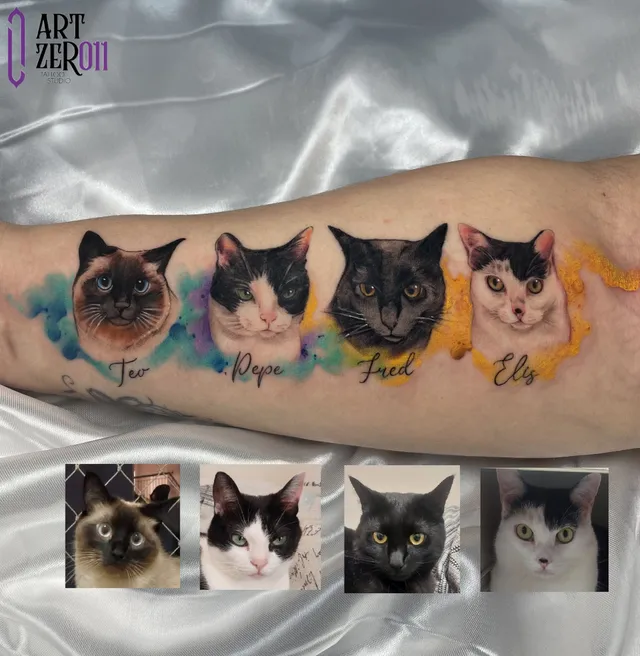 Retratos coloridos de quatro gatos com os nomes, ao lado das fotos usadas como referência