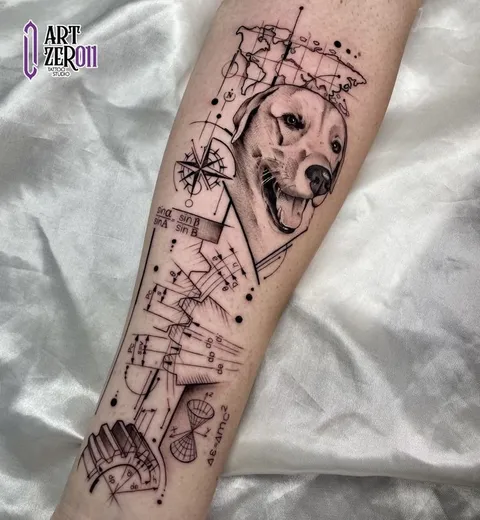 Cachorro em preto e cinza com bússola, mapa e partitura em traço fino, no antebraço