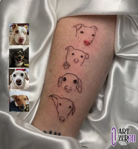 Contorno do rosto de quatro cachorros em traço fino, ao lado das fotos usadas como referência
