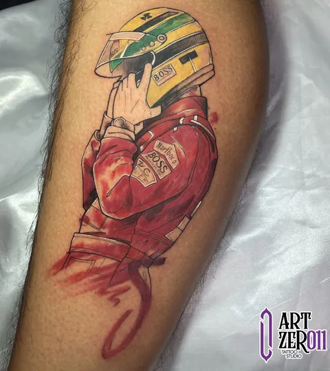 Ayrton Senna de capacete amarelo e macacão vermelho, em realismo colorido
