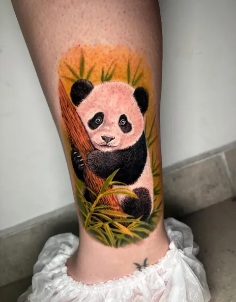 Filhote de panda agarrado a um tronco entre bambus, em realismo colorido, na perna