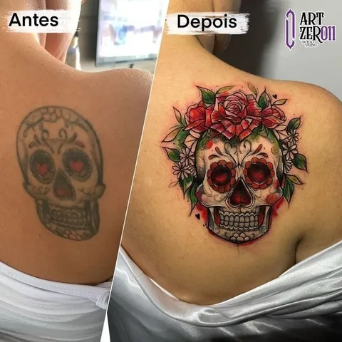 Antes e depois: caveira mexicana apagada nas costas, refeita em cores com uma coroa de rosas vermelhas