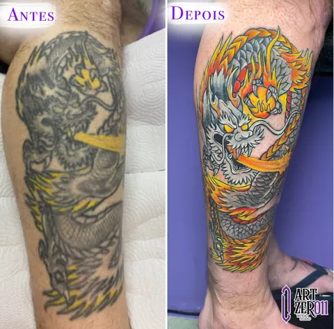 Antes e depois: dragão antigo e cinza na perna, refeito em cores, com amarelo, laranja e azul