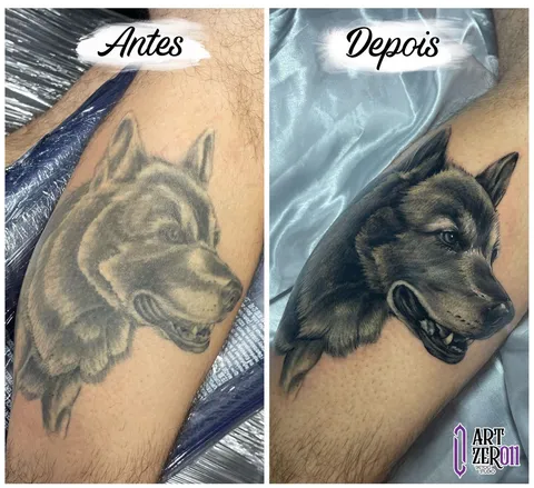 Antes e depois: lobo em preto e cinza na perna, com o traço e a sombra refeitos