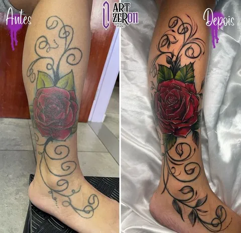 Antes e depois: rosa vermelha e arabescos na perna, com o traço e a cor refeitos